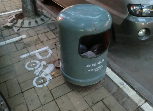 垃圾桶騎上停車位 網友稱“設計牛”