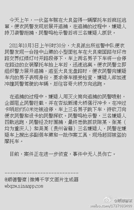 鳴槍示警，抓獲三名持刀盜車賊