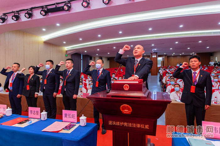 新當(dāng)選的樂從鎮(zhèn)人大、鎮(zhèn)政府領(lǐng)導(dǎo)成員向憲法莊嚴(yán)宣誓。（梁瑞騰攝）.jpg