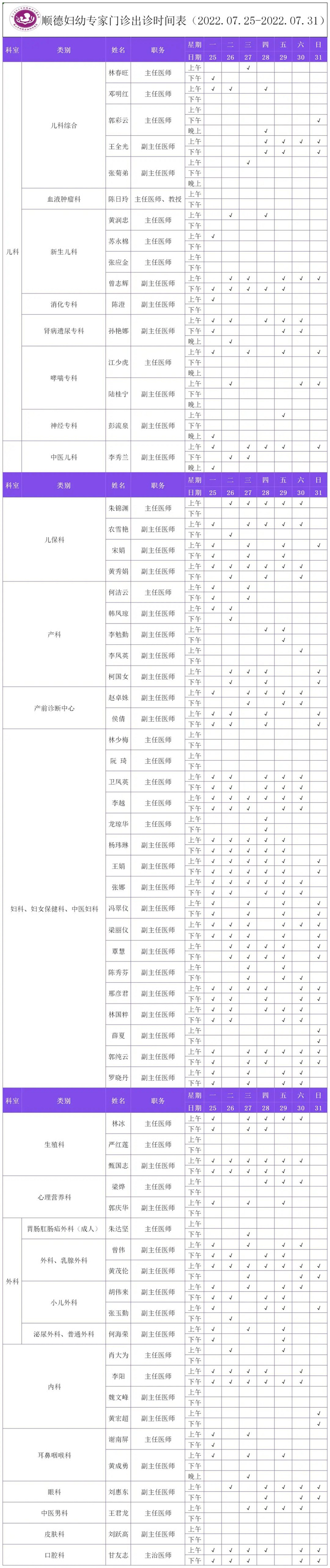 順德婦幼專家門診出診時間表（7.25-7.31）