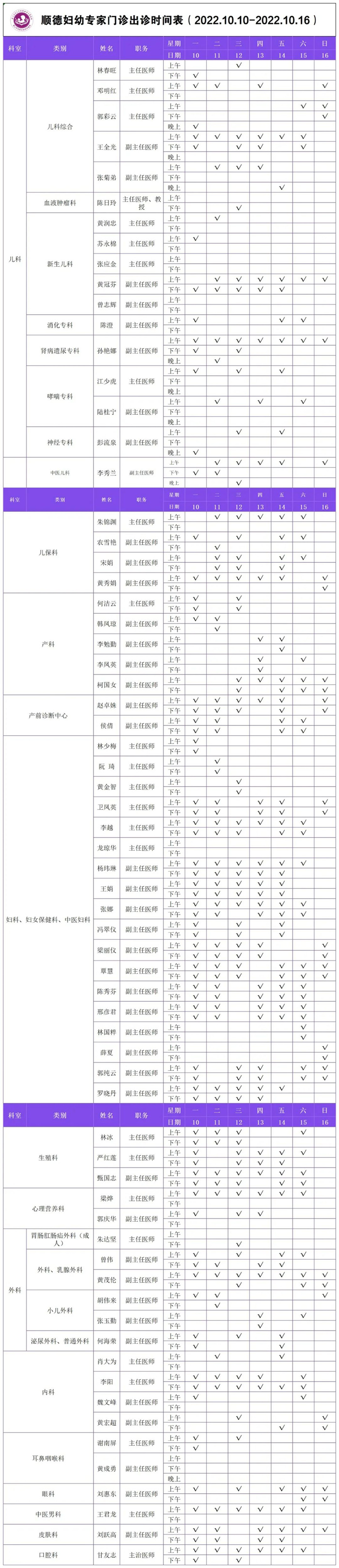 順德婦幼專家門診出診時間表（10.10-10.16）