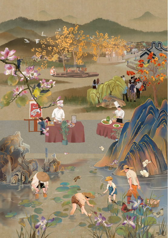 作品巧妙運用嶺南建筑的遮蔽效果，營造出“園中有園，景外有景”的意境。（陳志杰 繪制）1.png