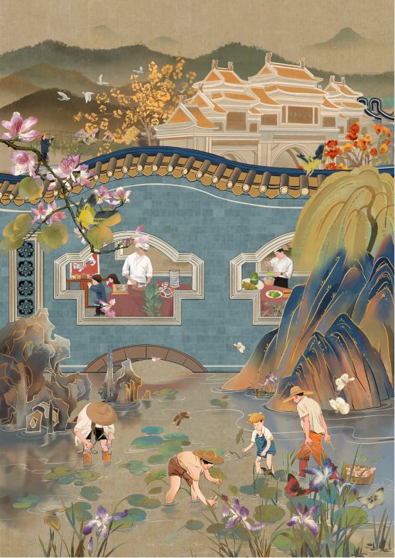 作品巧妙運用嶺南建筑的遮蔽效果，營造出“園中有園，景外有景”的意境。（陳志杰 繪制）.png